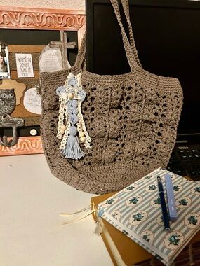 Handmade Crochet Tote Bag with Blue Tassel Charm